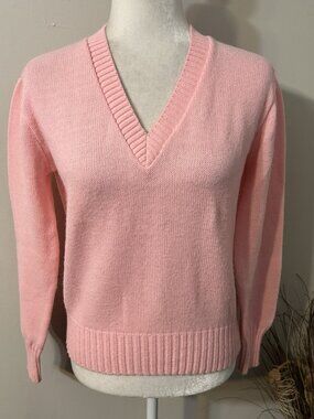 Vtg Garland Women V-Neck Sweater Pink 100% Orlon Acrylic USA Made Sz 13 L Flaw